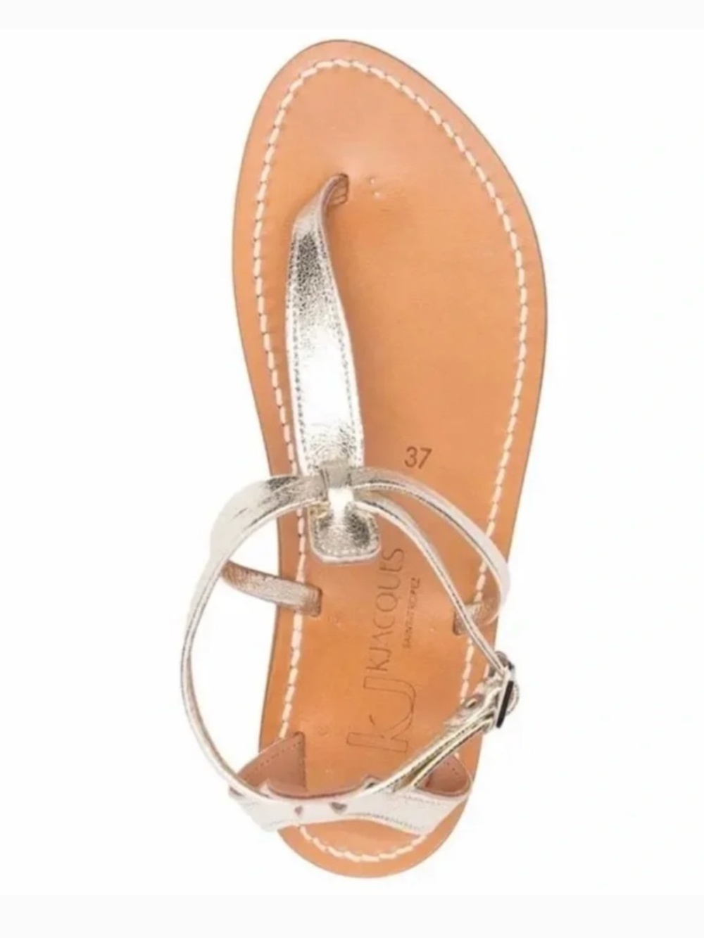 $376 K. Jacques Buffon Metallic Silver Strappy Flat Thong Sandals 37 7